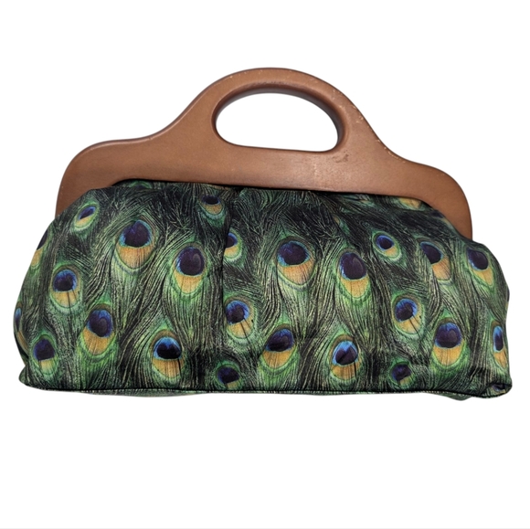 Aldo Peacock Feather Print Handbag W Wood Handle. - Picture 1 of 16